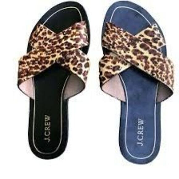 J. Crew Size 6 Leopard Print Calf Hair Slide Sandal Crossover Strap Animal Print - Picture 8 of 8